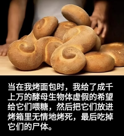 图片上半部分为特写镜头下的一堆金黄色面包，表面撒有面粉，质感蓬松，背景中可见人的双手正在整理面包，营造出新鲜出炉的烘焙场景。下半部分为黑色背景白色文字，以拟人化的黑暗幽默口吻描述烤面包过程：给酵母喂糖提供虚假希望，再将其烤死并吃掉“尸体”，形成温馨画面与荒诞文字的反差萌。