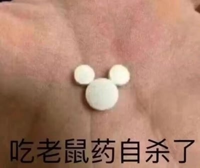 图中展示了一只手掌，上面用三粒白色药片摆成了迪士尼经典角色米奇老鼠的头部造型，图片下方配有黑色文字“吃老鼠药自杀了”。这是一个双关玩梗内容：利用米奇的老鼠形象，将摆成其头部的药片调侃成“老鼠药”，用形象关联制造出戏谑搞笑的效果，并非真的指代老鼠药，多用于夸张地表达吐槽、摆烂类的情绪。