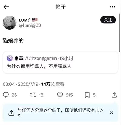 这是一张社交媒体帖子截图，用户LUMI¹（马来西亚）转发了宗革的评论并配文“猫娘养的”。宗革的原始评论提问“为什么都用狗骂人，不用猫骂人”，发布于2025年7月19日3:04，已有1.1万次查看、26条评论、18次转发和215个点赞。截图展示了完整的社交媒体界面，包括用户头像、用户名、关注按钮、互动数据及底部分享提示。图片中未发现双关、谐音梗或暗示内容。