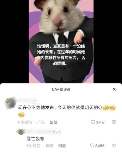 这是一张竖屏的社交媒体截图类梗图，上方是被P上黑色西装的仓鼠形象，配文“谁懂啊，当家里有一个没结婚的长辈，在过年的时候他会为你顶住所有的压力，舌战群儒。”下方是两条高赞评论：第一条评论内容为“现在你不为他发声，今天的他就是明天的你😜😜😜”，获赞3.4w；第二条评论内容为“唇亡齿寒”，获赞6456。
这张图精准击中当代年轻人过年被催婚的普遍痛点，用幽默的方式表达了对家中未婚长辈帮自己挡住亲戚催婚压力的感激，评论区的内容更是引发了年轻人的强烈共情，“唇亡齿寒”这个成语被用来形容年轻人在催婚困境中一荣俱荣、一损俱损的处境，没有谐音梗或双关含义。