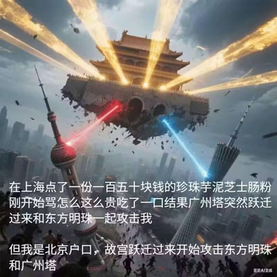 这是一张AI生成的科幻战斗梗图，画面中悬浮的故宫城楼部分建筑发射金色激光，上海东方明珠发射红色激光、广州塔发射蓝色激光，三者互相对射，背景是破损的城市天际线。搭配的搞笑文案讲述：在上海点了一份150元的珍珠芋泥芝士肠粉，一开始嫌弃价格昂贵，吃了一口后广州塔和东方明珠突然跃迁过来攻击自己，而因为自己是北京户口，故宫建筑也跃迁过来帮助自己攻击另外两个地标。这是网友用夸张的科幻场景玩地域饮食梗，把上海卖天价广州特色肠粉的槽点，转化为搞笑的地标大战脑洞，充满无厘头的幽默感。