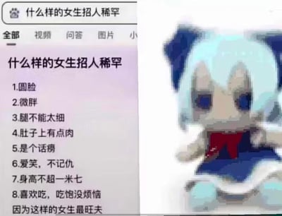 这是一张左右拼接的图文内容图，左侧是网页截图，列出了网络上流传的“招人稀罕的女生”的8项特质：圆脸、微胖、腿不能太细、肚子上有点肉、是个话痨、爱笑不记仇、身高不超一米七、喜欢吃，还标注“因为这样的女生最旺夫”；右侧是像素风格的初音未来表情包，角色大张着嘴，表情震惊，像是看到这些标准后的反应，整体用来调侃这类外貌身材标准，也能让符合这些特质的人产生共鸣，传递出惊讶、哭笑不得的情绪。