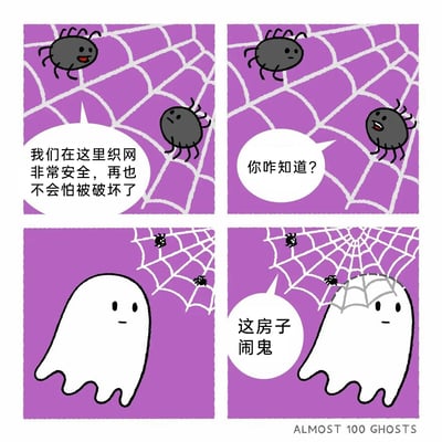 这是一则四格冷幽默卡通漫画，第一格中一只面带笑容的蜘蛛趴在紫色背景的蜘蛛网上，对另一只表情严肃的蜘蛛说“我们在这里织网非常安全，再也不会怕被破坏了”；第二格中，严肃的蜘蛛露出疑惑的神态，反问对方“你咋知道？”；第三格画面切换，一个面无表情的白色幽灵出现在画面中，角落的小蜘蛛网上有几只小蜘蛛在织网；第四格中，幽灵的头上被织了一张小蜘蛛网，它面无表情地说道“这房子闹鬼”，原来蜘蛛认为安全的原因是房子闹鬼没人会来破坏，但幽灵作为“鬼”本身的存在，让蜘蛛的网直接织到了它头上，形成了反差感满满的冷幽默笑点。