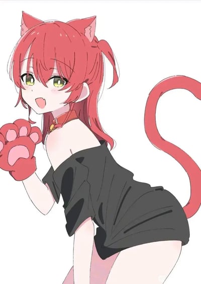 这是一张基于《孤独摇滚！》角色伊地知虹夏创作的猫耳娘AI同人图，图中虹夏拥有红色猫耳与尾巴，佩戴红色项圈和猫爪手套，身着宽松露肩黑上衣，侧过身体对着镜头露出元气的笑容，还抬起猫爪摆出软萌的姿势，整体风格治愈可爱，没有双关、谐音梗或暗示内容。