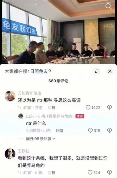 图片上半部分是一群男性围坐在圆桌旁聚餐的场景，背景窗户上挂着蓝色横幅，写有“龟友联谊会”字样，桌上摆放着餐具和饮料。下半部分是社交媒体评论区截图，显示“大家都在搜：日照龟友”及660条评论，其中高赞评论“还以为是ntr那种 寻思这么高调”引发笑点，作者“山东～小春（真是养乌龟的）”回复“ntr是什么”，形成因“龟友”谐音引发的网络用语误解梗。
双关/谐音梗：“龟友”（养乌龟爱好者）被部分网友误读为网络用语“NTR”（指绿帽相关情节），产生反差搞笑效果。