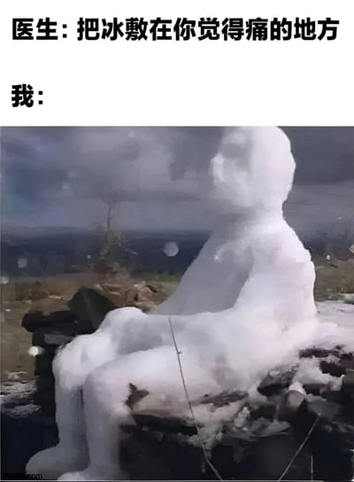 图片上方文字为'医生：把冰敷在你觉得痛的地方'和'我：'，下方是一张一个人全身被厚厚的冰覆盖、如同冰雕般坐在岩石上的照片，背景有烟雾缭绕。通过夸张的视觉效果表现对医生建议的过度解读和幽默误解，笑点在于将'冰敷疼痛处'字面化执行到极致。