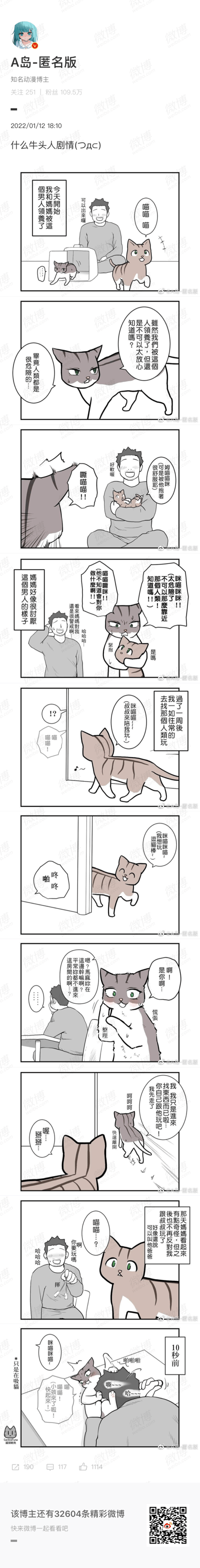 这是一则拟人化的搞笑连环漫画，讲述猫妈妈和小猫被一位男人领养后，猫妈妈起初对人类充满戒备，反复叮嘱小猫要远离男人、警惕人类，结果一周后，猫妈妈自己却偷偷在房间里玩男人的逗猫棒，被撞破后慌张掩饰，最后小猫发现妈妈不再反对自己和男人玩耍，甚至默许自己称呼男人为“爸爸”。漫画用猫咪的视角和拟人化的心理活动制造出反差反转，对应博主所说的“牛头人剧情”，充满治愈感和趣味性。