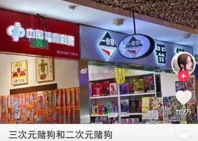 这是一张微博平台的社交媒体截图，画面呈现了现实中相邻的两家门店：左侧是中国福利彩票门店，是三次元中带有博彩性质的消费场景；右侧是一番赏门店，一番赏是二次元圈层里的周边抽奖形式，属于二次元的博彩式消费。图下方配文“三次元赌狗和二次元赌狗”，用“赌狗”这个略带调侃的网络热词，将购买彩票和抽一番赏这两种不同圈层的消费行为归为一类，以幽默的方式调侃了这两类带有随机性、博彩性质的消费行为，形成了有趣的圈层对比。