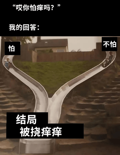 这是一张搞笑梗图，顶部配有文字““哎你怕痒吗？” 我的回答：”，主体是户外一处Y字形分叉滑梯，滑梯左分支入口处标注文字“怕”，右分支入口处标注“不怕”，两个分支分别各有一名小孩正在向下滑行，滑梯底部配有文字“结局 被挠痒痒”，制造出无论回答怕还是不怕，最终都会被挠痒痒的搞笑效果。