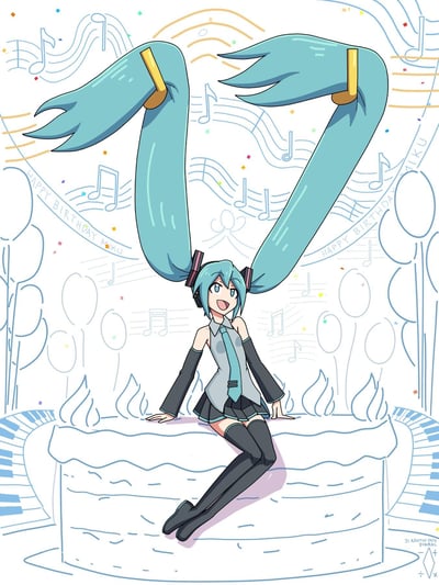 插画中是VOCALOID虚拟歌手初音未来，她有着标志性的蓝色双马尾，发尾带有黄色的音乐符号装饰。初音未来面带笑容坐在一个白色蛋糕上，背景充满了彩色音符、五线谱、气球和五彩纸屑，整体氛围欢快喜庆。画面两侧有"HAPPY BIRTHDAY MIKU"的生日祝福文字，明确这是为初音未来生日创作的庆祝插画。