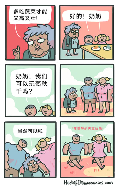 这是一组六格连环搞笑漫画，完整讲述了一个充满反转的荒诞故事：第一格中奶奶和蔼地对着两个小孩叮嘱“多吃蔬菜才能又高又壮！”；第二格两个小孩乖巧回应“好的！奶奶”，面前的餐桌上摆放着蔬菜；第三格两个小孩仰头询问奶奶“奶奶！我们可以玩荡秋千吗？”；第四格画面场景切换到户外，原本瘦小的两个小孩已经变成了身材极度魁梧壮硕的成年人，奶奶站在他们面前露出惊讶的神情；第五格两个壮硕的人架起奶奶，奶奶无奈地答应“当然可以啦”；第六格两个壮硕的人把奶奶当作秋千的“支架”，迈着沉重的步伐跑起来，画面配文“*孩童般的天真快乐*”和模拟脚步声的“砰！砰！砰！”。漫画通过夸张的人物体型变化，颠覆了“玩秋千”的常规认知，用荒诞的情节呼应了“吃蔬菜变强壮”的前置铺垫，制造出强烈的喜剧效果。