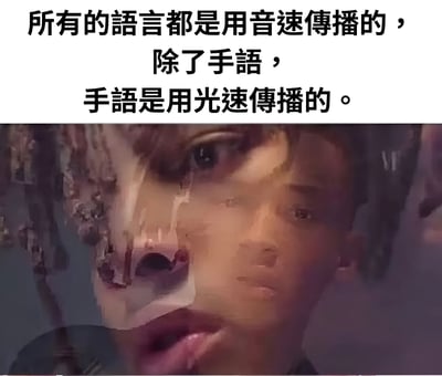 图片上半部分为黑色文字：“所有的语言都是用音速传播的，除了手语，手语是用光速传播的。” 下半部分是一张模糊的人脸特写，人物表情不清晰，可能带有困惑或惊讶的情绪。整体通过文字制造冷知识式的幽默，对比语言传播速度（音速）与手语传播方式（视觉，戏称光速）。