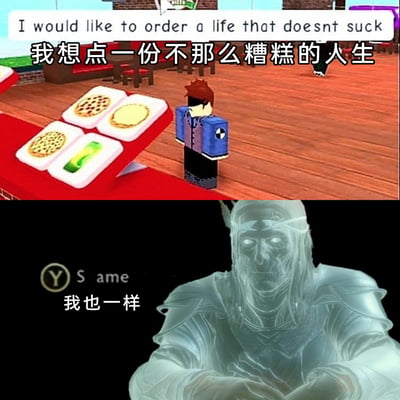这是一张上下拼接的网络梗图，上半部分截取了Roblox平台披萨店模拟游戏的画面，角色站在柜台前，配文“我想点一份不那么糟糕的人生”，以点餐的形式吐槽当下生活的不如意；下半部分截取了《艾尔登法环》中的灵体角色画面，配文“我也一样”，用游戏角色的“共鸣”来强化对疲惫生活的无奈情绪，精准戳中了许多对生活感到倦怠的人的内心，引发共情。