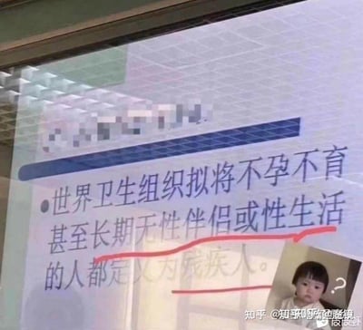 这是一张经过二次创作的梗图，主体是投影屏幕上的文字内容，文字显示“世界卫生组织拟将不孕不育甚至长期无性伴侣或性生活的人都定义为残疾人”，其中“长期无性伴侣或性生活”和“定义为残疾人”部分被红色线条标注出来。图片右下角拼接了一张带有问号的小孩表情包，小孩面露疑惑神情，搭配问号元素，精准传递出对这条看起来十分离谱的消息的不解、惊讶与质疑情绪，通过图文结合的方式调侃这条不实传言，放大消息的荒谬感，引发观众共鸣。