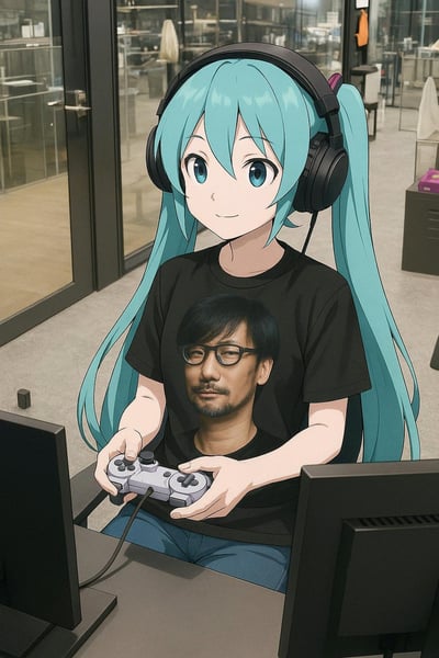 图中是经典虚拟歌手初音未来，她有着标志性的青绿色双马尾，戴着黑色大耳机，面带微笑，正手持游戏手柄专注地打游戏。她穿着一件黑色T恤，上面印着一位戴眼镜男子的头像。背景是一个现代化的办公环境，有玻璃隔断、办公桌和办公椅，整体氛围轻松。
