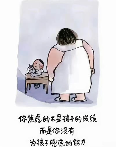 这是一张反映家长期望和焦虑心理的手绘漫画梗图。画面中一位家长站在正在写作业的孩子面前，场景充满压力感。下方配有文字：“你焦虑的不是孩子的成绩，而是你没有为孩子兜底的能力。”整体风格带有现实批判和自省意味，适合在讨论教育压力、鸡娃、内卷等网络语境下使用。无明显双关或谐音梗，但有对社会现象的深层讽刺。

本图强调家长对自身能力不足带来的教育焦虑，这在当代家庭教育话题中极具共鸣。