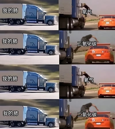 图片为8格多图拼接的连环图，左侧四格均为蓝色卡车，上方标注“我的肺”；右侧四格为橙色跑车，分别标注“氧气”和“二氧化碳”。画面中一名男子在行驶的卡车与跑车之间反复跳跃：当右侧标注“氧气”时，男子从跑车跳向卡车；标注“二氧化碳”时，男子从卡车跳向跑车。通过电影追逐场景幽默类比肺部气体交换过程——“我的肺”（卡车）不断获取氧气（跳上卡车）并排出二氧化碳（跳向跑车）。