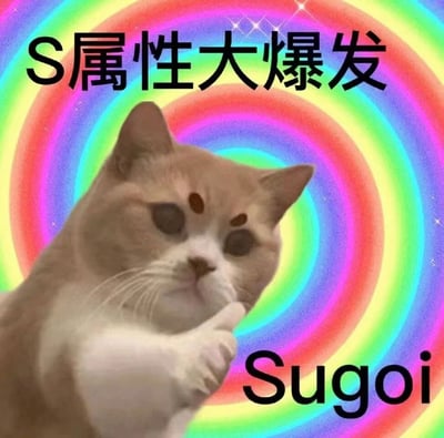 一张猫咪表情包，背景是彩色螺旋图案，上方有黑色大字'属性大爆发'，右下角有'Sugoi'字样。猫咪表情严肃，额头有类似心形和圆点的图案，一只爪子靠近面部，整体风格夸张搞笑。