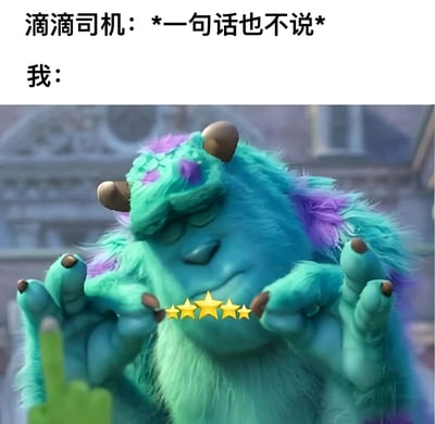 图片上半部分为文字内容，左侧写着“滴滴司机：*一句话也不说*”，右侧写着“我：”。下半部分是动画电影《怪兽大学》中的角色萨利·莱文（Sulley）的截图，它是一只蓝绿色带紫色斑点的毛茸茸怪兽，双眼紧闭，表情放松，双手掌心相对举在胸前，两手之间有五颗金色星星。整体通过文字与画面结合，幽默地表现了当滴滴司机全程保持沉默时，乘客内心依然愿意给出五星好评的轻松场景。