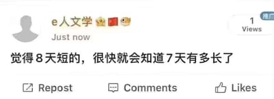 社交媒体账号'e人文学'发布的一条动态截图，内容为：'觉得8天短的，很快就会知道7天有多长了'。截图显示发布时间为'Just now'，浏览量1次，界面包含账号头像（灰色剪影）、用户名'e人文学'及三个表情符号（皇冠、红旗、鱼），底部有转发（Repost）、评论（Comments）、点赞（Likes）按钮。内容通过对比8天和7天的时间感知差异，幽默调侃人们对假期时长的满足感与工作日时长的煎熬感之间的反差。