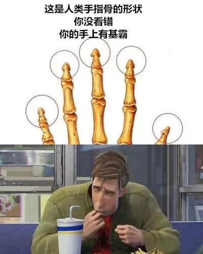 这是一张上下结构的梗图，上半部分是人类手指骨的解剖示意图，五根手指骨被圆圈标记出来，突出其形状特点；下半部分是一个动画人物正在吃东西时突然露出惊讶表情的画面。图片利用手指骨的形状制造视觉双关梗，文字内容为'这是人类手指骨的形状 你没看错 你的手上有基霸'，通过谐音和形状联想制造幽默效果。