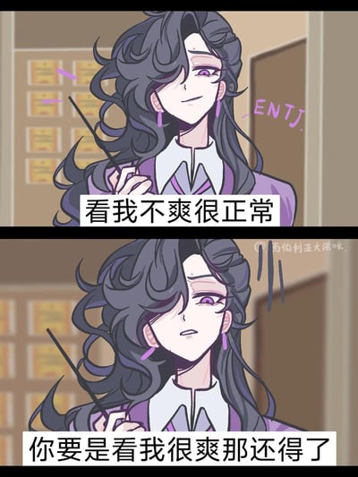 这是一张上下两格的MBTI主题卡通梗图，主体是ENTJ人格的拟人化女性角色，角色有着深灰色长卷发，佩戴紫色耳饰，身穿紫色系职业装，手持教鞭。上半格角色表情高傲自信，旁侧标注"ENTJ"，配文为「看我不爽很正常」；下半格角色表情略带错愕强势，配文为「你要是看我很爽那还得了」，整体用夸张的语气调侃ENTJ人格气场强大、行事强势的典型刻板印象，趣味感十足。