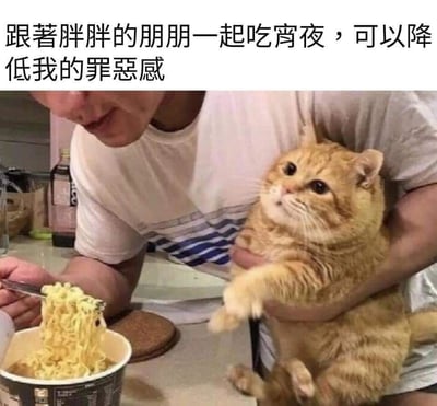 图片上方配有文字“跟著胖胖的朋朋一起吃宵夜，可以降低我的罪惡感”，下方是一张实拍场景：一名穿着白色带蓝条纹T恤的男子正低头用叉子吃杯装泡面，他怀里抱着一只体型圆润的橘猫。橘猫表情平静，前爪微微抬起，仿佛在“监督”或“陪伴”主人吃宵夜。图片通过将橘猫拟人化为“胖胖的朋朋”，用幽默的方式表达了人们在吃宵夜时希望通过他人陪伴来减轻心理负担的有趣心态。