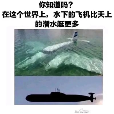 这是一张上下对比的静态梗图，采用图文混排的形式。图中上方是一架沉入水中的飞机，机身大部分没入水下，仅尾翼露出水面；下方是一架飞行在空中的潜艇剪影。图片顶部配有文字“你知道吗？在这个世界上，水下的飞机比天上的潜水艇更多”，这是一个反常识的趣味冷知识：飞机的本职是在空中飞行，但因事故、废弃等原因沉入水下的飞机数量众多；而潜艇的本职是在水下航行，现实中几乎不存在能飞到天上的实用潜艇，所以这个说法是成立的。图片通过将两种事物置于与其本职环境相反的场景中，形成强烈的视觉反差，以此呼应这个有趣的冷知识，增强趣味性和传播性。