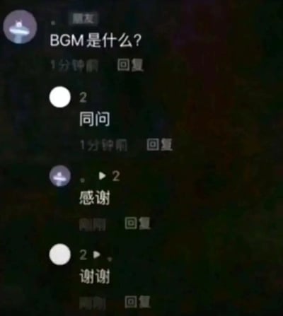 这是一张短视频平台的评论区截图，内容呈现了一段因误解产生的趣味互动：带有飞碟头像的用户首先提问视频的BGM是什么，一位匿名用户（头像为白圈，标注“2”）回复“同问”，随后飞碟头像用户误将该匿名用户的标注“2”当成了BGM的答案，回复“感谢”，而这位匿名用户也顺势回复“谢谢”，形成了一段错位又好笑的评论互动。