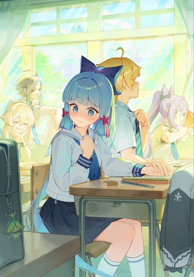 An anime-style illustration depicting a lively classroom scene. The main focus is a blue-haired girl with a large purple bow, wearing a white sailor uniform with a blue skirt, sitting at a wooden desk. She has a shy expression with blushing cheeks, looking back over her shoulder. In the background, other students are engaged in various activities: a blonde boy adjusts his tie while looking out the window, a blonde girl with pigtails smiles and rests her chin on her hand, and a purple-haired girl sits with her arms crossed. Sunlight streams through the large windows, casting a warm glow over the scene, with greenery visible outside. The atmosphere is bright and cheerful, capturing a typical school day moment.