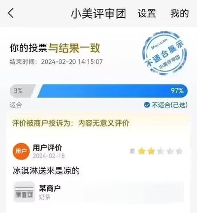 这是一张美团APP中小美评审团页面的竖屏截图，展示了一起充满无厘头趣味的用户评价争议处理结果。2024年2月18日，用户给一家奶茶商户打出一星差评，评价内容为“冰淇淋送来是凉的”，商家以“内容无意义评价”为由发起投诉。小美评审团发起投票后，截至2024年2月20日14:15:07，97%的评审认为该评价不适合展示，且参与投票的用户自身选择也与最终结果一致。这个场景的核心笑点在于冰淇淋本身就应当是凉的，用户给出这样的差评逻辑荒诞，而评审结果也呼应了商家的投诉，进一步放大了这份无厘头的搞笑感。