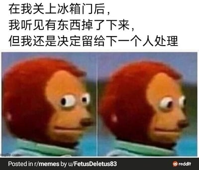 这是一张左右对比的模板改编梗图，采用了网络流行的猴子木偶表情包进行二次创作。图中左侧的猴子木偶正视前方，右侧的猴子木偶则将眼神偏移向一侧，表情流露出心虚、不想面对的微妙感。图上方配有中文文字：“在我关上冰箱门后，我听见有东西掉了下来，但我还是决定留给下一个人处理”，精准地描绘出人们在生活中遇到不想处理的小意外时，选择逃避、把问题推给下一个人的心态，这种日常化的场景很容易引发观者的共鸣。