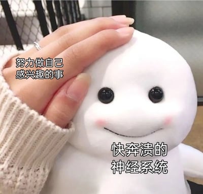 这是一张文字加注类的静态表情素材图，画面中一只戴着细戒指、穿着米白色针织毛衣的手轻轻放在一个白色治愈系毛绒玩偶的头上，玩偶有着圆圆的黑眼睛、带粉色腮红的微笑脸庞，神态温和。图中配有两处反差文字，手的位置标注“努力做自己感兴趣的事”，玩偶下方标注“快奔溃的神经系统”，精准地表现了当代人在努力维持积极状态、投入自己想做的事时，内心的神经系统已经濒临崩溃的疲惫与强撑的情绪，通过外在温和的画面与内在崩溃的文字形成反差，引发人们的情绪共鸣。