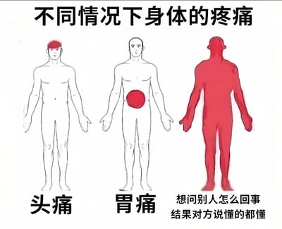 图片通过三个线稿风格的人体图示，幽默对比不同场景下的身体疼痛状态。左侧人物头部有红色圆形标记，下方标注“头痛”；中间人物腹部有红色圆形标记，下方标注“胃痛”；右侧人物全身呈红色，配文“想问别人怎么回事 结果对方说懂的都懂”。通过局部疼痛与全身“疑难杂症”的夸张对比，吐槽在沟通中遇到对方用“懂的都懂”敷衍回应的无奈场景。