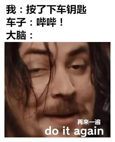 这是一张幽默梗图，展示了按下车钥匙后大脑的反应。上方文字描述了场景："我：按了下车钥匙 车子：哔哔！ 大脑："，下方是一张表情迷茫的男性面部特写，底部配有文字"再来一遍 do it again"，幽默地表现了人们按完车钥匙后总想要再按一次确认的常见心理。