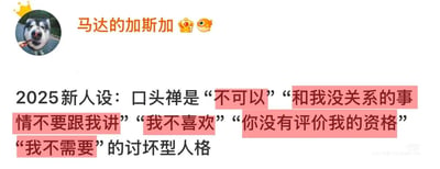 这是一张来自小红书平台的社交媒体截图，顶部展示了用户“马达的加斯加”的账号信息，头像是一只吐着舌头、嘴中叼着物品的哈士奇，账号名旁搭配了皇冠和小鱼表情。图片的核心内容是提出2025年的一种全新人格设定——讨坏型人格，明确列出了该人格的标志性口头禅，包括“不可以”“和我没关系的事情不要跟我讲”“我不喜欢”“你没有评价我的资格”“我不需要”，这些口头禅被红色框线重点标注，突出这种人格的核心是摒弃讨好型人格的处事方式，通过直接、“讨坏”的表达来明确自我边界，拒绝无意义的社交消耗，倡导人们重视自身感受、维护个人情绪与生活的边界，传递出一种拒绝内耗、以自我为中心的生活态度。