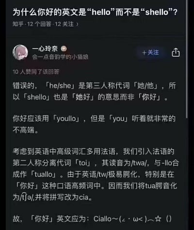 这是一张知乎平台的提问回答截图，提问为「为什么你好的英文是“hello”而不是“shello”」，答主「一心玲奈」用一本正经的伪学术口吻进行搞笑回答：先是调侃「shello」对应“她好”，又说「youllo」不够高端，接着扯到法语词汇引入，最后得出“Ciallo~(∠・ω<)⌒☆”的结论，实际是玩谐音梗和虚拟主播桐生可可的标志性问候语梗，属于脑洞大开的胡说八道式搞笑内容。
这里的梗点在于用看似专业的语言学分析包装无厘头的结论，最后引出Vtuber的流行打招呼语，反差感拉满。