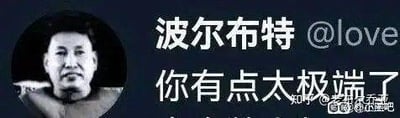 这是一张经过P图改编的社交媒体风格梗图，左侧是历史人物波尔布特的头像，右侧模拟社交账号格式，显示账号名‘波尔布特 @love’，配文‘你有点太极端了’。利用波尔布特的历史相关评价与配文形成强烈反差，制造出荒诞、讽刺的搞笑效果，用被普遍认为行事极端的人物说出指责他人极端的话语，形成极具调侃感的幽默反差。