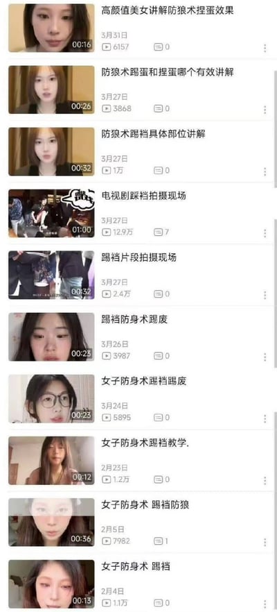 这是一张短视频平台的内容列表截图，共展示10条视频内容，内容高度聚焦于女子防狼防身技巧，且绝大多数内容都围绕攻击男性裆部的动作展开，包含捏蛋效果讲解、踢裆和捏蛋有效性对比、踢裆具体部位讲解、踢裆防身教学等内容，还有2条相关的影视剧踢裆片段拍摄现场内容；每条视频都展示了封面图（多数为年轻女性人像）、视频时长、发布日期、播放量、评论数，其中播放量最高的是“电视剧踩裆拍摄现场”，达12.9万。