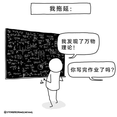 这是一幅幽默卡通漫画，顶部以“我拖延：”点明主题。画面中，一个卡通化的学生形象站在写满密密麻麻复杂数理公式的黑板前，兴奋地宣称“我发现了万物理论！”，展现出拖延时天马行空的脑洞；而另一个对话气泡则是来自现实的灵魂拷问“你写完作业了吗？”，通过这种极度夸张的反差，精准且诙谐地描绘出拖延人群的典型状态——为了逃避眼前该完成的简单任务，宁愿投入到难度极高、不切实际的事情中，引发观者的共鸣。