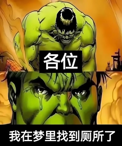 图片分为上下两部分，上半部分是绿巨人浩克肌肉发达的上半身，背景为橙黄色火焰，面部表情愤怒，额头有青筋，中间叠加黑色背景白色文字“各位”；下半部分是浩克脸部特写，双眼睁大，绿色的眼泪从眼角滑落，表情激动，底部有白色文字“我在梦里找到厕所了”。整体通过浩克夸张的愤怒与激动表情对比，配合“在梦里找到厕所”这一生活化场景，形成搞笑反差效果。