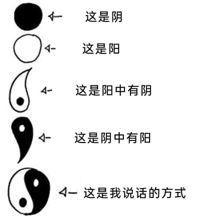 这是一张竖版的图文混排静态梗图，从上到下依次展示了五个图形及对应的中文说明，用中国传统道家的阴阳概念做递进式表达：第一个是纯黑色圆形，标注文字为“这是阴”；第二个是纯白色圆形，标注文字为“这是阳”；第三个是白色水滴形主体内嵌黑色小圆的图形，标注文字为“这是阳中有阴”；第四个是黑色水滴形主体内嵌白色小圆的图形，标注文字为“这是阴中有阳”；第五个是完整的太极阴阳鱼图，标注文字为“这是我说话的方式”。图片通过从基础阴阳概念到阴阳交融的具象图形，幽默地调侃自己的说话方式是话里有话、阴阳交织，充满了中式哲学趣味和网络玩梗的轻松感。