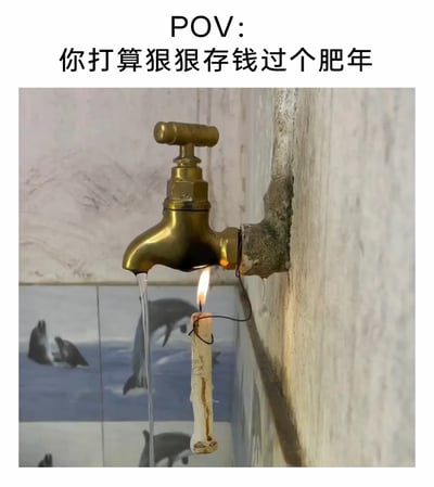 这是一张用来调侃存钱现状的搞笑梗图，上方配文“POV:你打算狠狠存钱过个肥年”，图中展示了一个黄铜色的水龙头正在滴水，下方悬挂着一根点燃的蜡烛，火焰正对着水龙头的出水口，试图通过加热的方式减少水龙头的滴水量，这种荒诞又夸张的操作，生动地比喻了人们为了存钱极度节俭、想尽一切办法“节流”的状态，精准戳中了很多人想要存钱却处处有开销，只能用极端方式省钱的真实心态，充满了自嘲和搞笑的氛围。