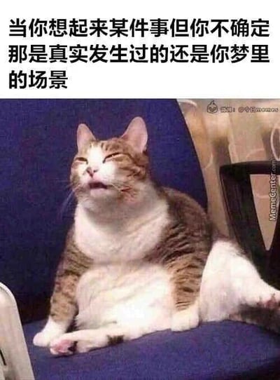 这是一张静态单图形式的文字加注梗图，属于顶配底文图。图的顶部配有简体中文文字：“当你想起来某件事但你不确定那是真实发生过的还是你梦里的场景”，下方是一只橘白相间的胖猫咪，它瘫坐在深蓝色的椅子上，双眼半睁、嘴角微张，表情迷茫放空，身体姿态慵懒放松，完美契合了文字所描述的那种努力回忆却分不清现实经历与梦境场景的迷茫、纠结又略带放空的状态，用猫咪极具共鸣感的神态和动作，生动地调侃了人们在生活中常会遇到的这种困惑时刻，让人看后会心一笑。