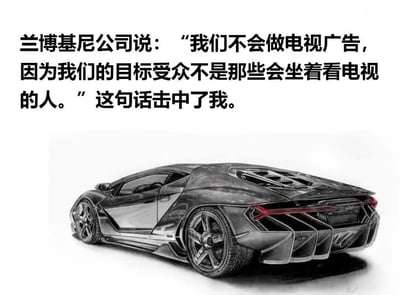 这是一张将兰博基尼与‘目标客户不看电视广告’网络语录结合的梗图，上方为营销语录大字，配合下方展示兰博基尼跑车插画。画面通过豪车与语录营造典型的阶层与梦想梗，自嘲普通人与高端消费群体的差距，同时借用‘这句话击中了我’形成反转幽默氛围。常被用作职场励志、自省或反鸡汤场景。

图中文字具有双关意味：既炫耀高端圈层，也讽刺/调侃了平凡观众的自我认知。