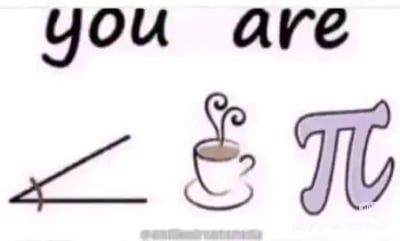 这是一张图文混排的静态图，上方是黑色的英文文字“you are”，下方从左到右依次是一个角的简笔画、一杯冒着热气的咖啡简笔画、紫色的数学圆周率符号π。这是一个英文谐音梗创作：角的英文“angle”与“angel（天使）”发音完全相同，圆周率“pi”与“pie（派，一种西式甜点，常用来指代可爱的人）”发音相同，结合起来表达“You are an angel pie”，意思是“你是天使一样可爱的人”，用趣味的图文形式传递夸赞、喜爱的情绪，中间的咖啡图案进一步烘托了可爱温馨的氛围。