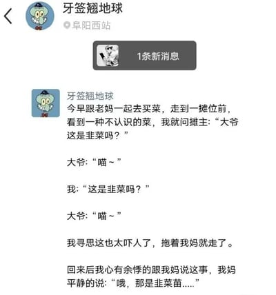 这是一张社交媒体个人动态的截图，发布者昵称是“牙签翘地球”，头像采用了动画《海绵宝宝》中的角色章鱼哥，动态地点标注为阜阳西站。动态内容是一则充满谐音梗的生活乌龙趣事：发布者早上和妈妈一同去买菜，在摊位前看到一种不认识的菜，便询问摊主大爷“这是韭菜吗？”，大爷回复“喵~”，发布者再次询问，大爷依旧回复“喵~”，发布者误以为摊主在学猫叫，觉得怪异吓人，便拉着妈妈匆匆离开。回家后发布者心有余悸地和妈妈说起此事，妈妈平静地告知发布者那是韭菜苗，此时发布者才明白，大爷口中的“喵~”其实是“苗~”的谐音，因为所问的菜是韭菜苗，自己没听出谐音，闹了一场乌龙笑话。