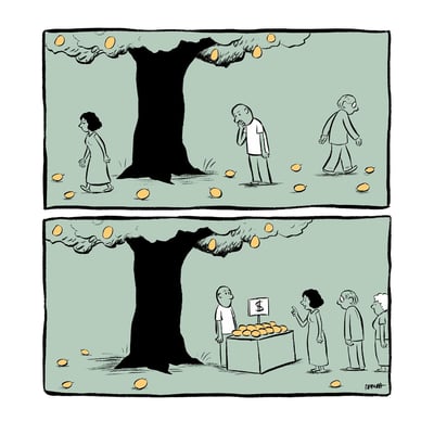 这是一幅上下两格的连环卡通漫画，上格画面里，一棵结着黄色果实的大树下，地面散落着不少掉落的果实，一位穿长裙的女士、一位戴眼镜的老人都径直走过，完全无视地上的果子，只有一位光头男士站在树旁，手托着下巴，一脸思索的样子。下格画面中，这位光头男士将地上的落果收集起来，摆在一个桌子上，立起带有美元符号的标价牌，把原本无人问津的落果当作商品售卖，之前走过的长裙女士、戴眼镜老人，还有一位白发老人都排起队，长裙女士还指着摊位，像是在询问价格或表达购买意向，地面仍残留少量未被收集的落果。