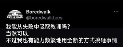 这是一张社交媒体平台的静态截图，属于图文混排的内容。画面左上角是来自洛杉矶的品牌Boredwalk的标识和其社交媒体账号@boredwalktees，下方是一段自嘲风格的文字：“我能从失败中吸取教训吗？当然可以.不过我也有能力频繁地用全新的方式搞砸事情。” 这段文字先肯定了自己具备从失败中学习的能力，随后话锋一转，调侃自己总能以新的方式把事情搞砸，用这种反差感制造出幽默效果，精准戳中了很多人在生活中那种努力避免犯错却总以新的方式出错的无奈又好笑的状态，十分接地气。