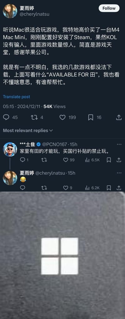 用户夏雨婷发帖称高价购买M4 Mac Mini用于游戏，安装Steam后发现多款游戏无法下载，提示“AVAILABLE FOR 田”而困惑求助。评论区网友***士佳幽默回复“家里有田的才能玩，买国行补贴禁止玩”，用谐音梗调侃Mac系统游戏资源匮乏的问题。整体内容以搞笑吐槽形式反映Mac电脑游戏兼容性差的真实痛点，互动评论充满趣味性。